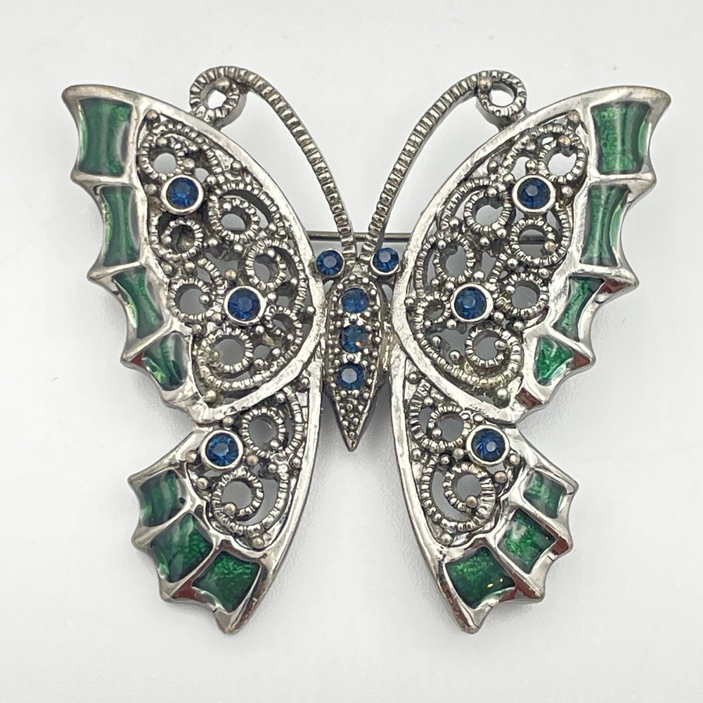 Silver Tone Green Enamel Blue Crystal Scroll Butterfly Pin Brooch